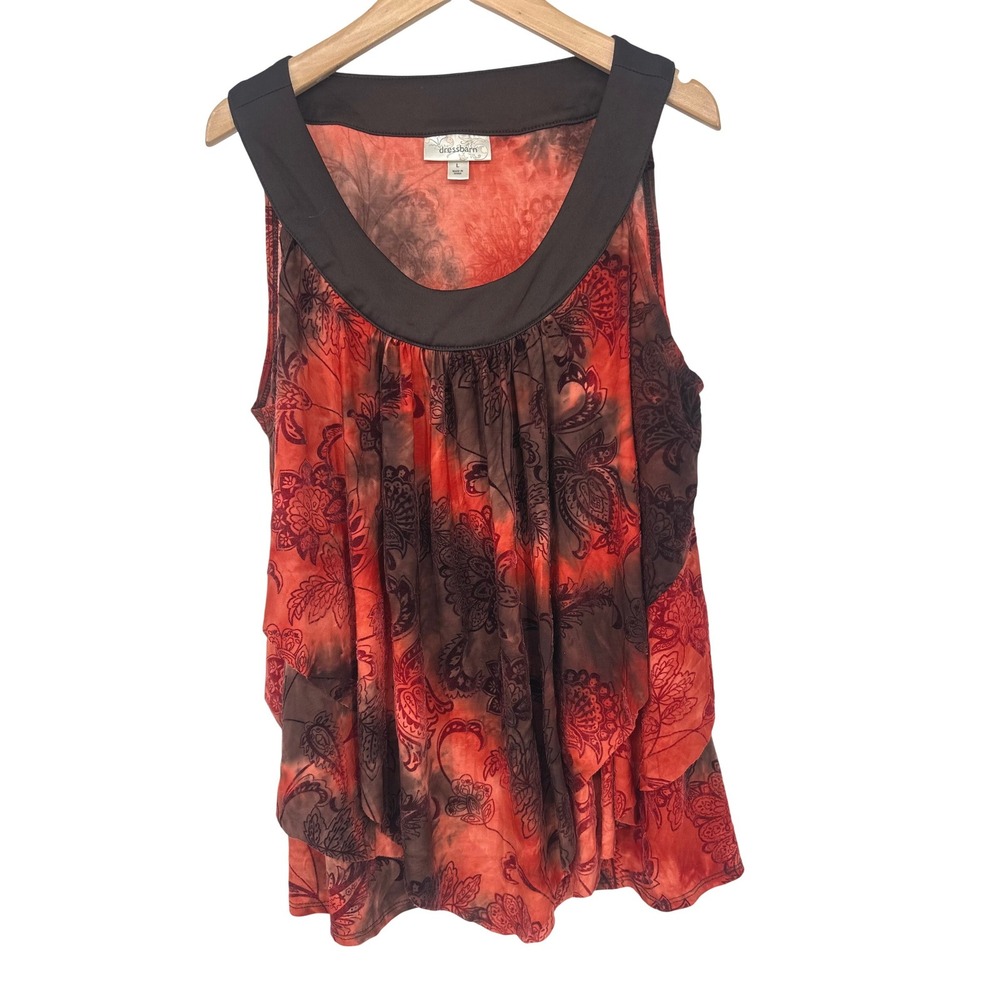 Vintage Dressbarn Women Top L Orange Paisley Tiered Boho Sleeveless Flowy Fall